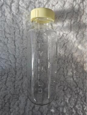 Vintage Evenflo Glass Baby Bottle Clear No Nipple Yellow Cap Cover USA 6.5" 8oz